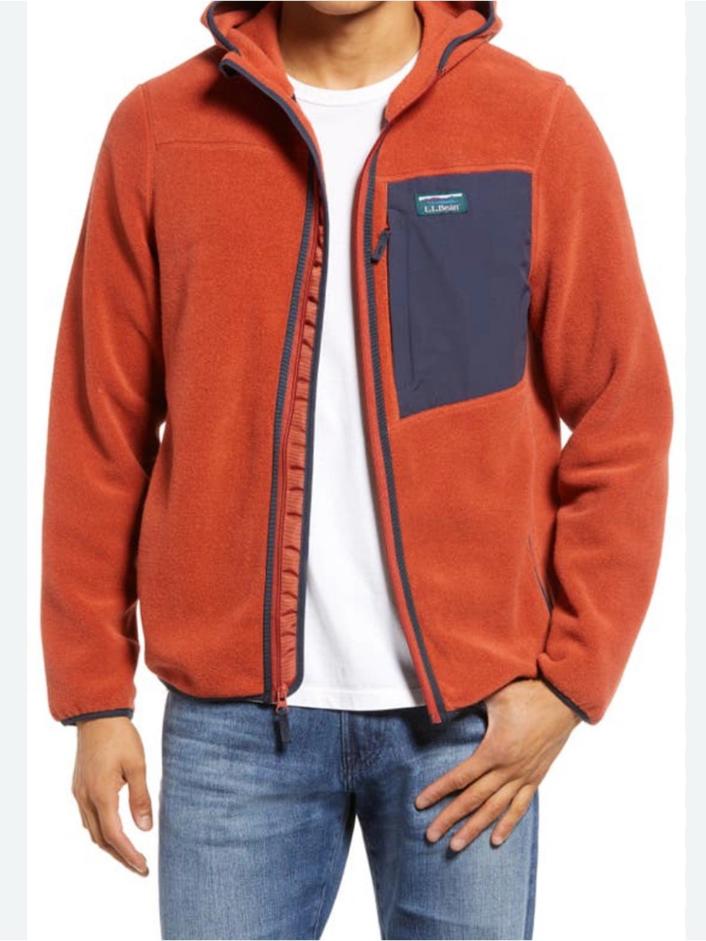 L.L. Bean Rust Orange Hooded Fleece with Navy Chest Pocket